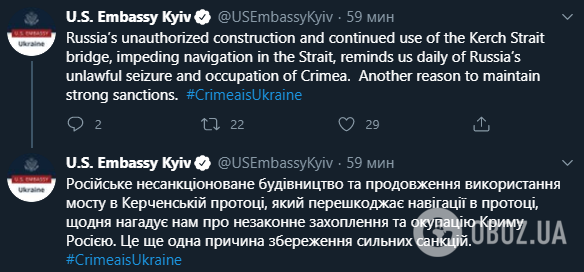 У Посольстві США в Україні нагадали про санкції за анексію Криму