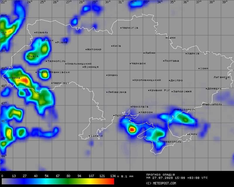 Карта дощів в Україні 27 липня