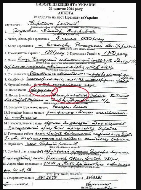 Анкета Януковича