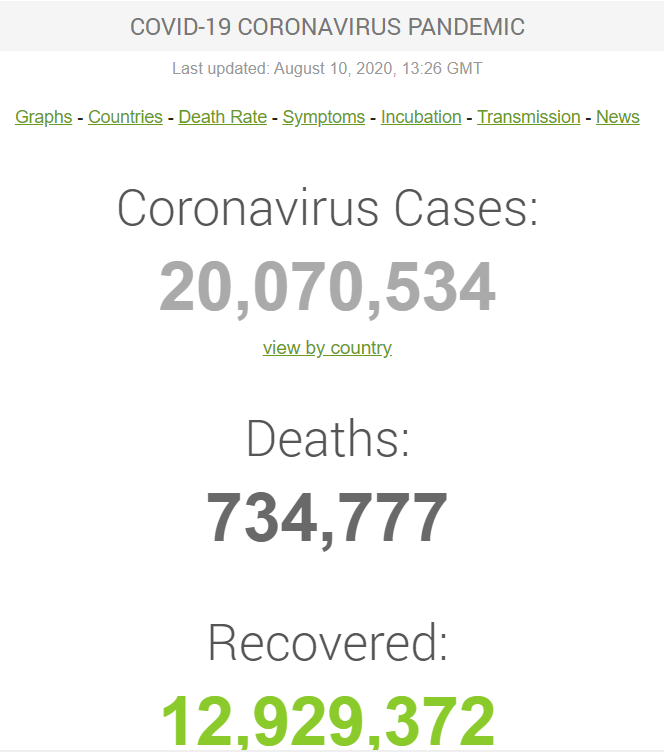 Коронавирусом заразились более 20 млн человек в мире