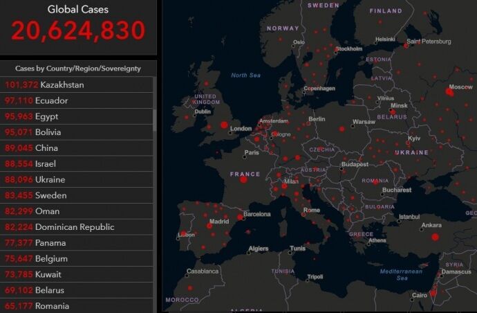 Данные центра Джона Хопкинса о заболеваемости COVID-19 в Украине и Китае