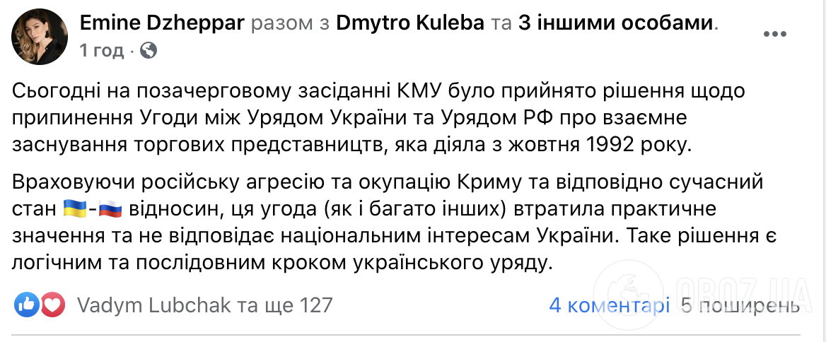 Україна розірвала ще одну угоду з Росією