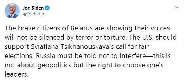 Байден підтримав Тихановську і проведення нових виборів в Білорусі