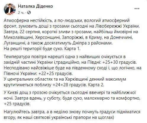 Синоптик рассказала о погоде в Украине на 22 августа
