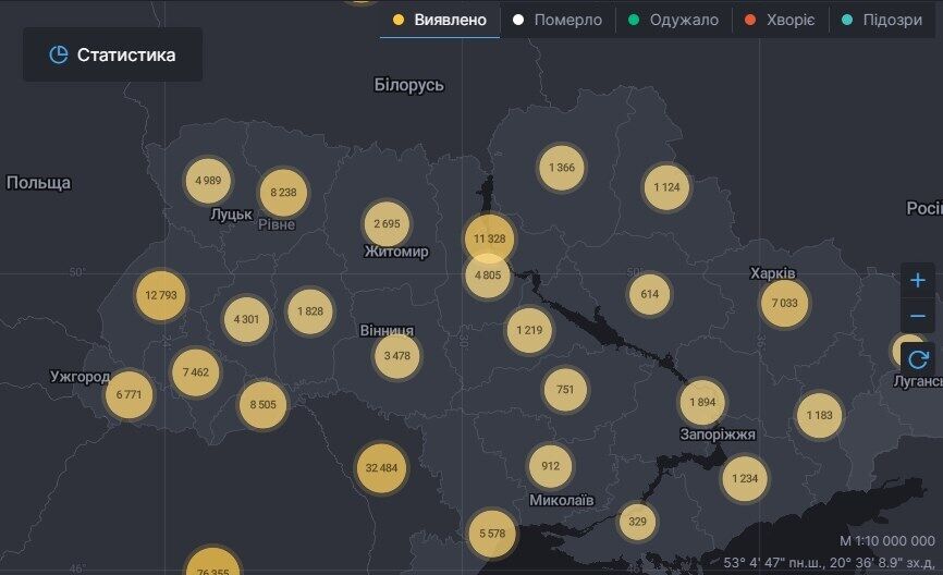 Карта поширення коронавірусу в Україні