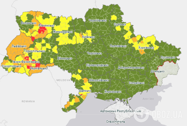 Рівні епідемічної небезпеки на територіях України, які набули чинності з 00:00 понеділка, 24 серпня 2020 року