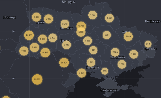 Карта распространения коронавируса в Украине.