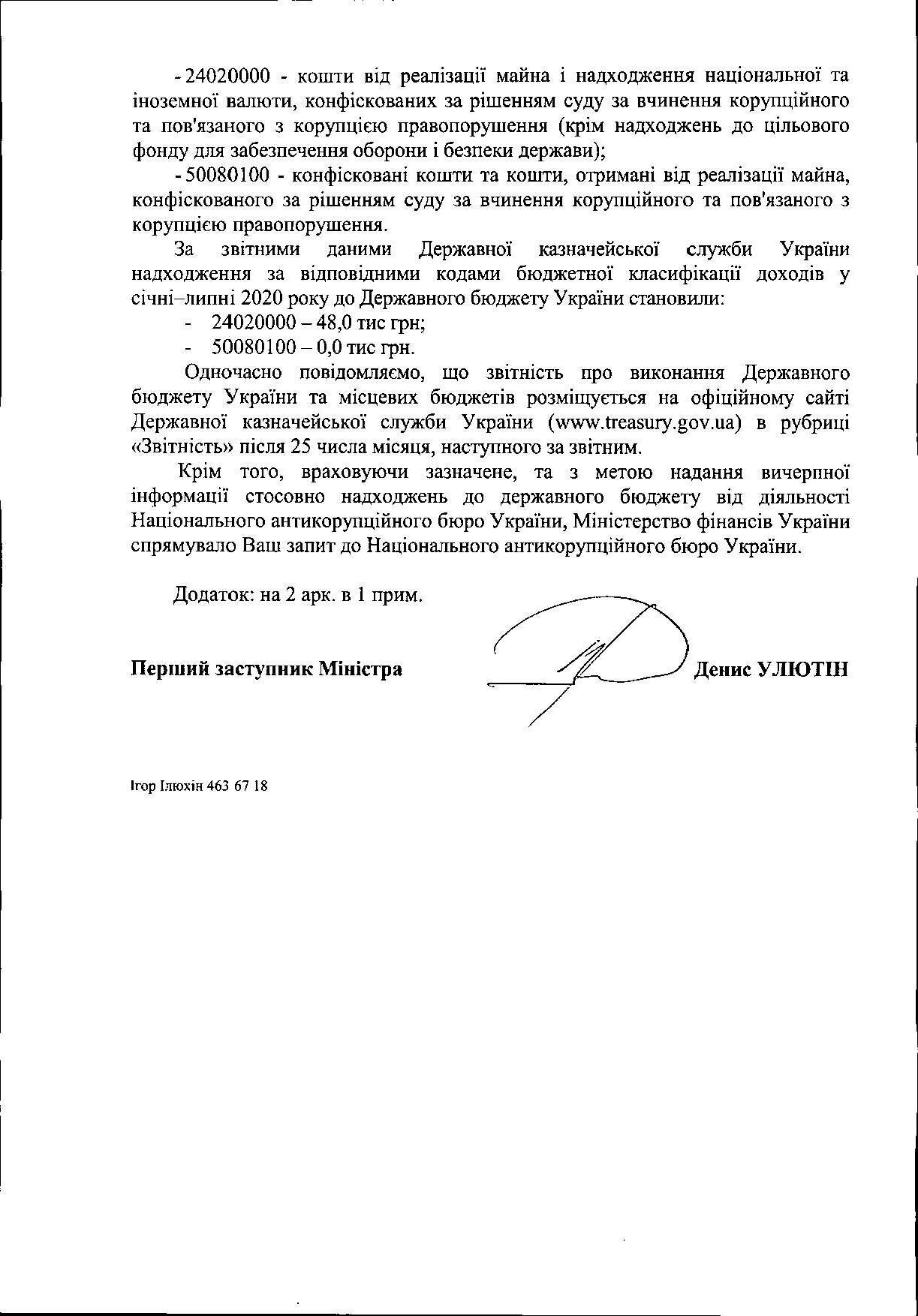 Відповідь Мінфіну на запит про суми надходжень від діяльності НАБУ