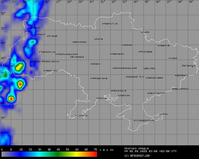 Вероятность дождей в Украине 5 августа