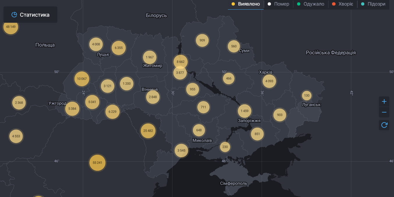 Карта распространения коронавируса в Украине