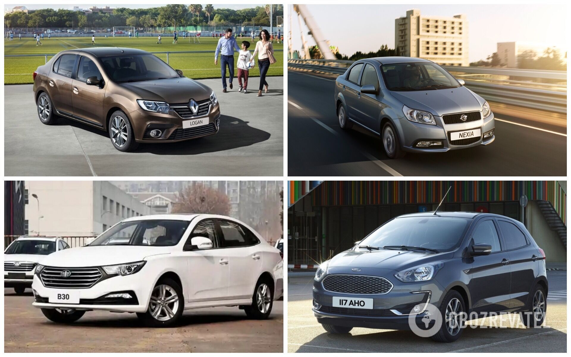 Слева направо: Renault Logan, Ravon Nexia R3, FAW B30, Ford Ka+