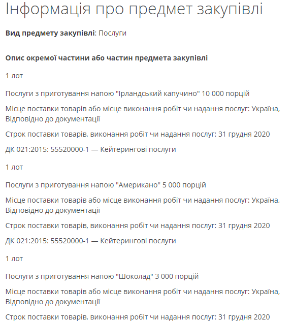 Напиток и количество порций, которые закупили в "Укроборонпроме".