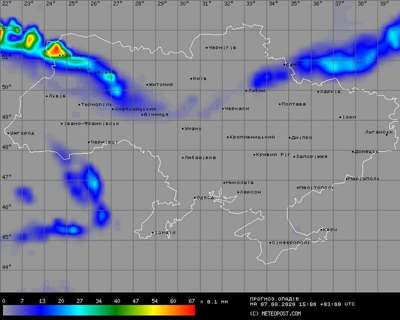 Вероятность дождей в Украине 7 августа