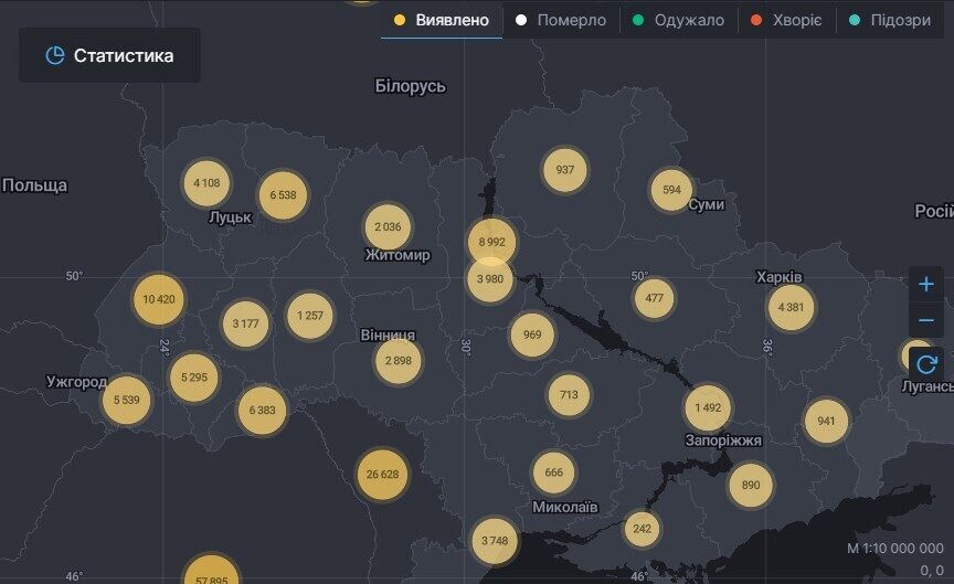 Карта распространения коронавируса в Украине.