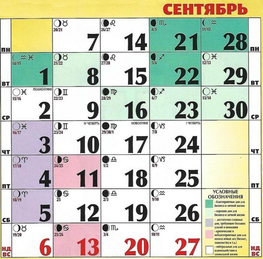 Місячний календар на вересень 2020 року