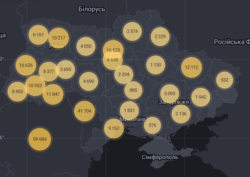 Карта распространения коронавируса в Украине.