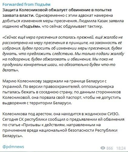 Колесниковій висунули звинувачення в публічних закликах до захоплення влади в Білорусі