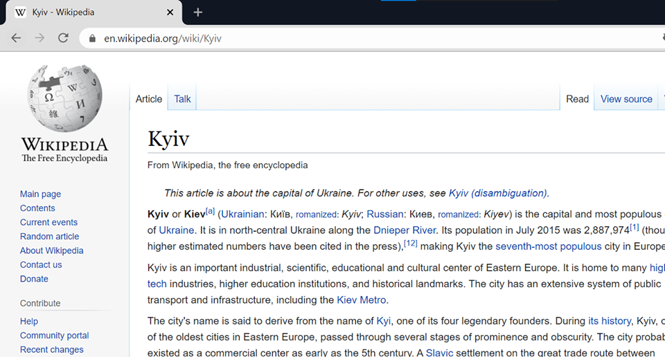 Вікіпедія офіційно змінила назву Києва: Kyiv not Kiev