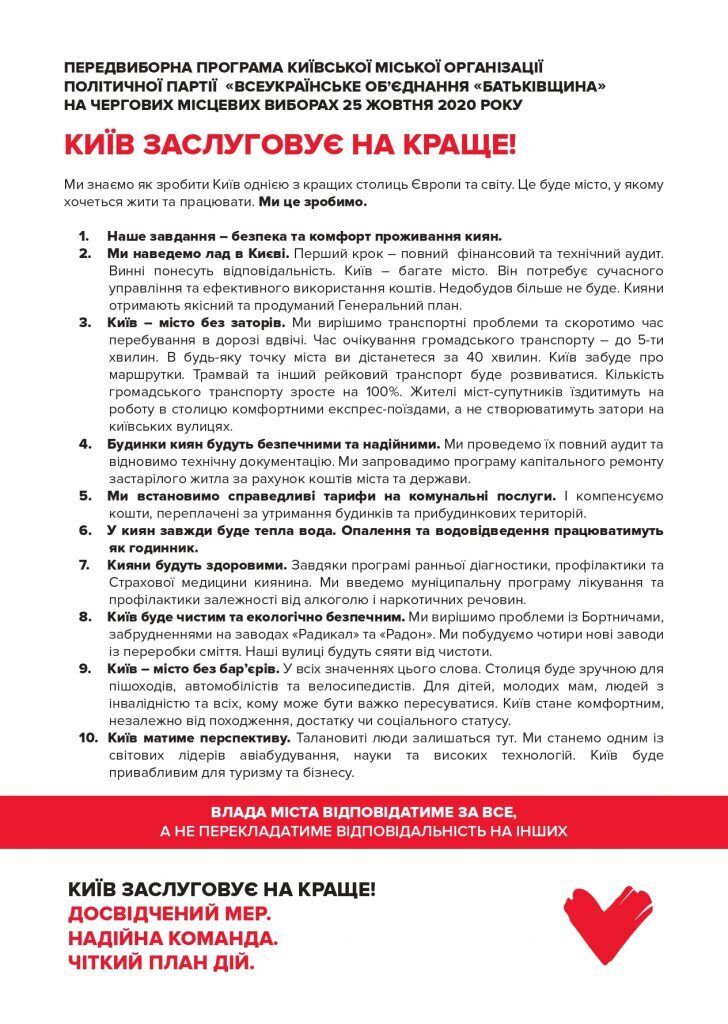 Программа партии "Батьківщина" на выборах в Киевсовет.