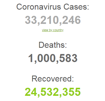 Коронавірусом заразилося понад 33 млн осіб у світі.