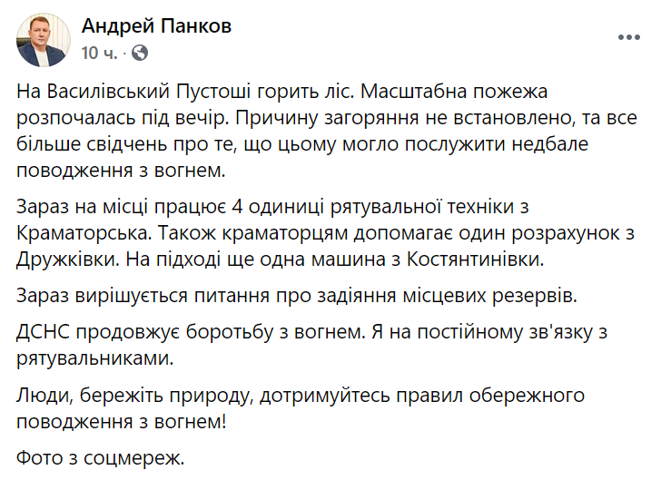 Мэр Краматорска сообщил о лесном пожаре.