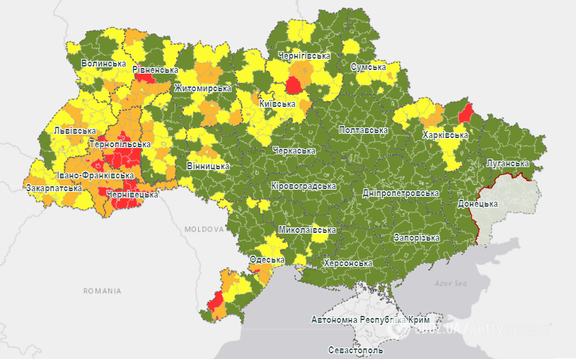 Уровни эпидемической опасности на территориях Украины, вступившие в силу с 00:00 часов 7 сентября.