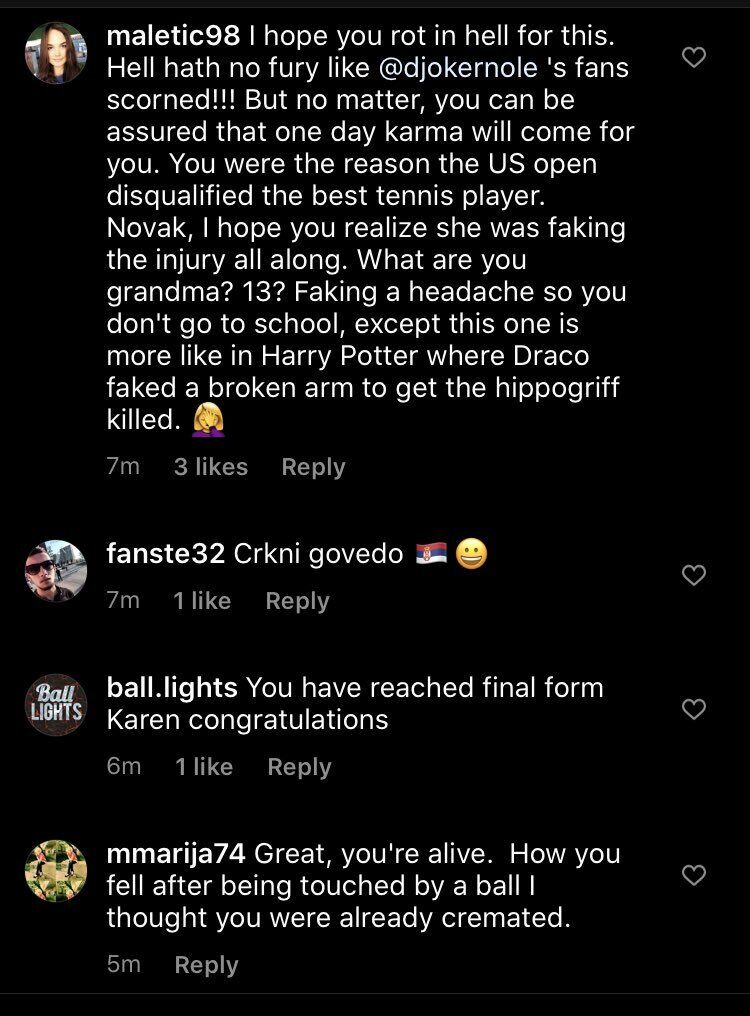Фанаты Джоковича оставили множество оскорбительных комментариев в Instagram