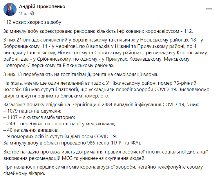 Статистика щодо коронавірусу на Чернігівщині.