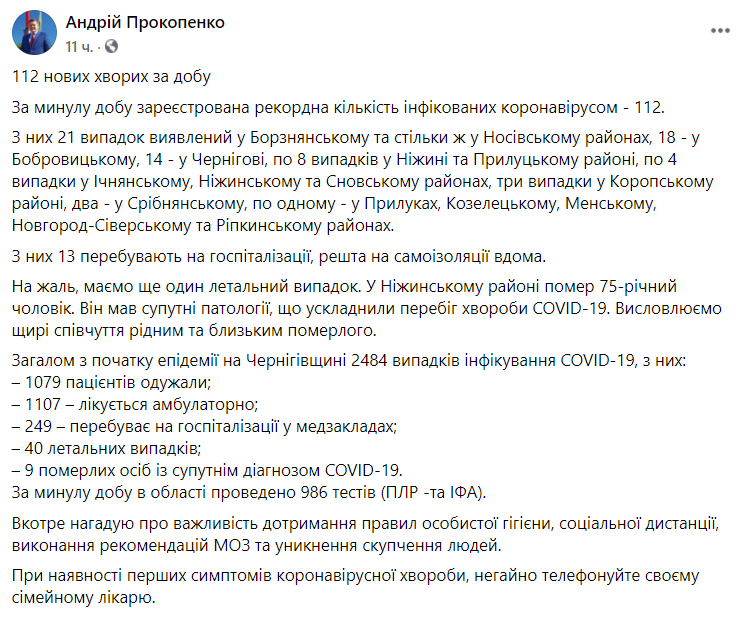 Статистика по коронавирусу на Черниговщине.