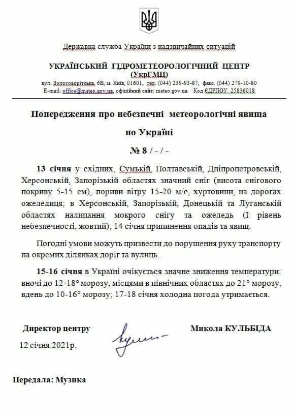 Письмо директора Укргидрометцентра в ГСЧС о погодных условиях.