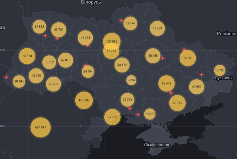 Карта распространения коронавируса по регионам Украины