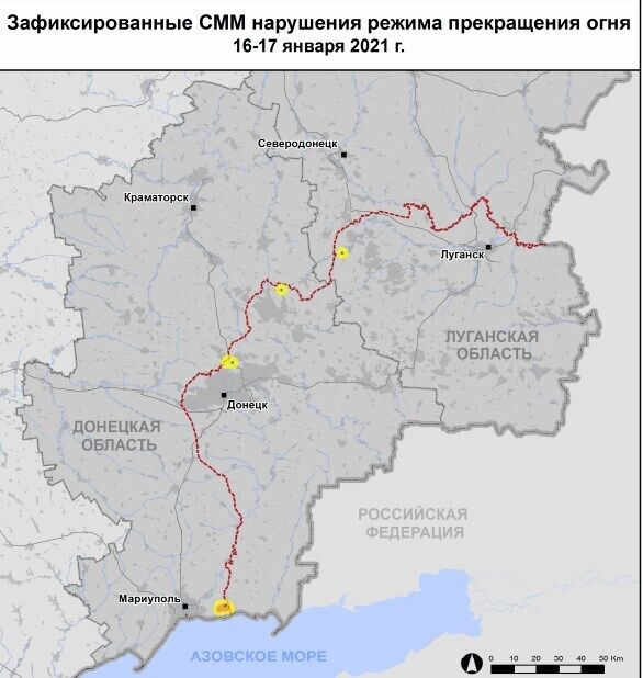 Карта нарушений режима прекращения огня на Донбассе.