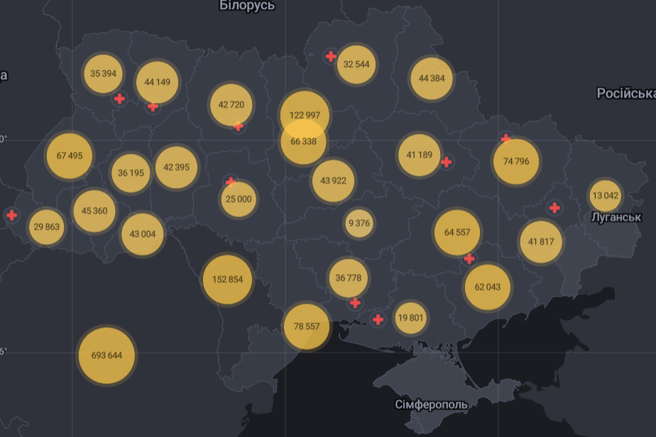 Карта распространения коронавируса в регионах Украины