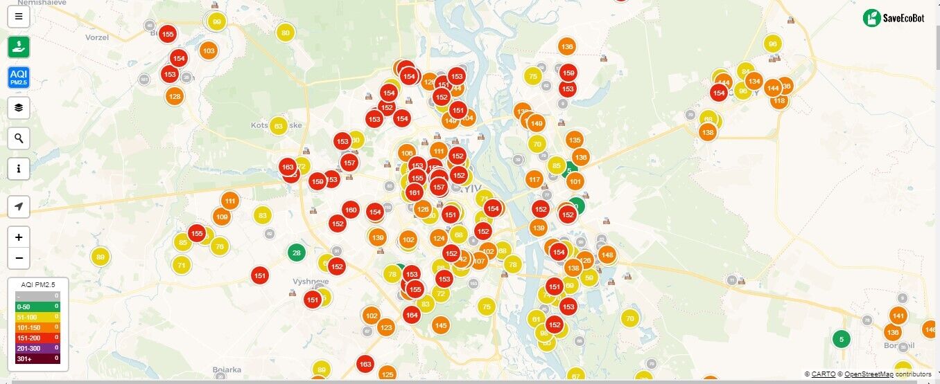 Актуальна мапа забруднення повітря у Києві