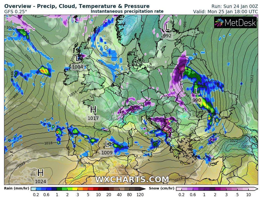 Прогноз опадів на 25 січня в Україні