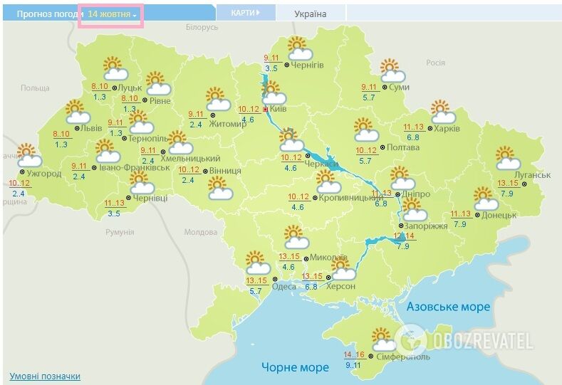 Прогноз погоди в Україні на 14 жовтня за даними Укргідрометцентру.