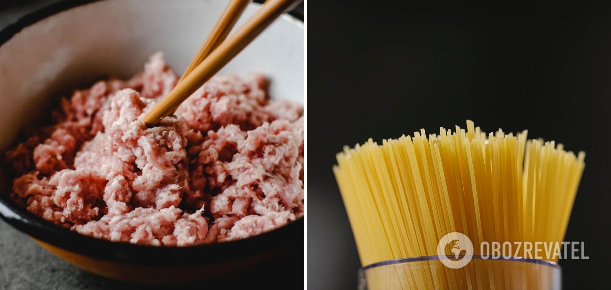 Ингредиенты для блюда – фарш и спагетти