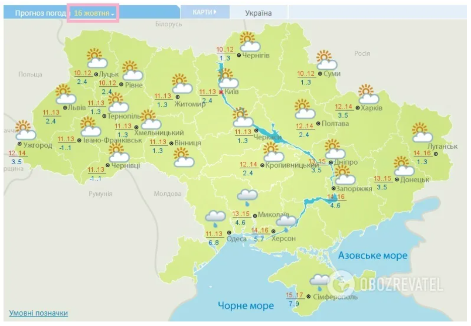 Прогноз погоди 16 жовтня.