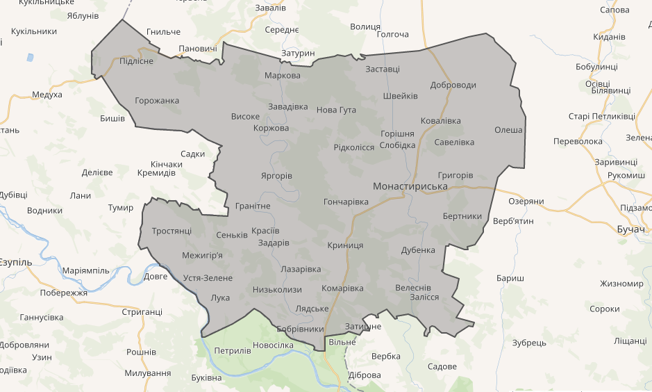 Мапа Монастириської громади на Тернопільщині
