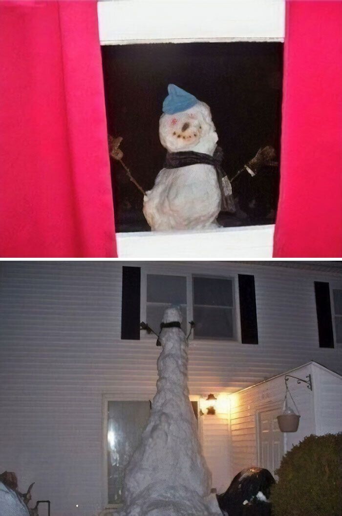Родители слепили огромного снеговика.