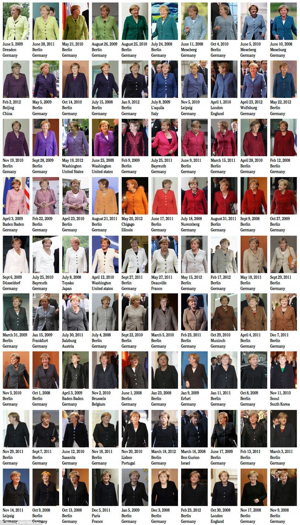 Нидерландский дизайнер исследовал все цвета жакетов Ангелы Меркель.