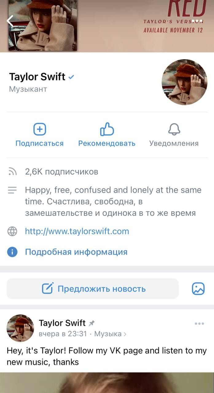 Страница в российской социальной сети знаменитости.