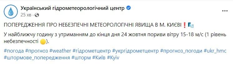 Скриншот посту Укргідрометцентру в Facebook.