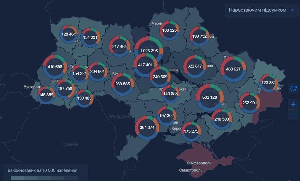 Кількість вакцинованих обома дозами жителів різних областей України