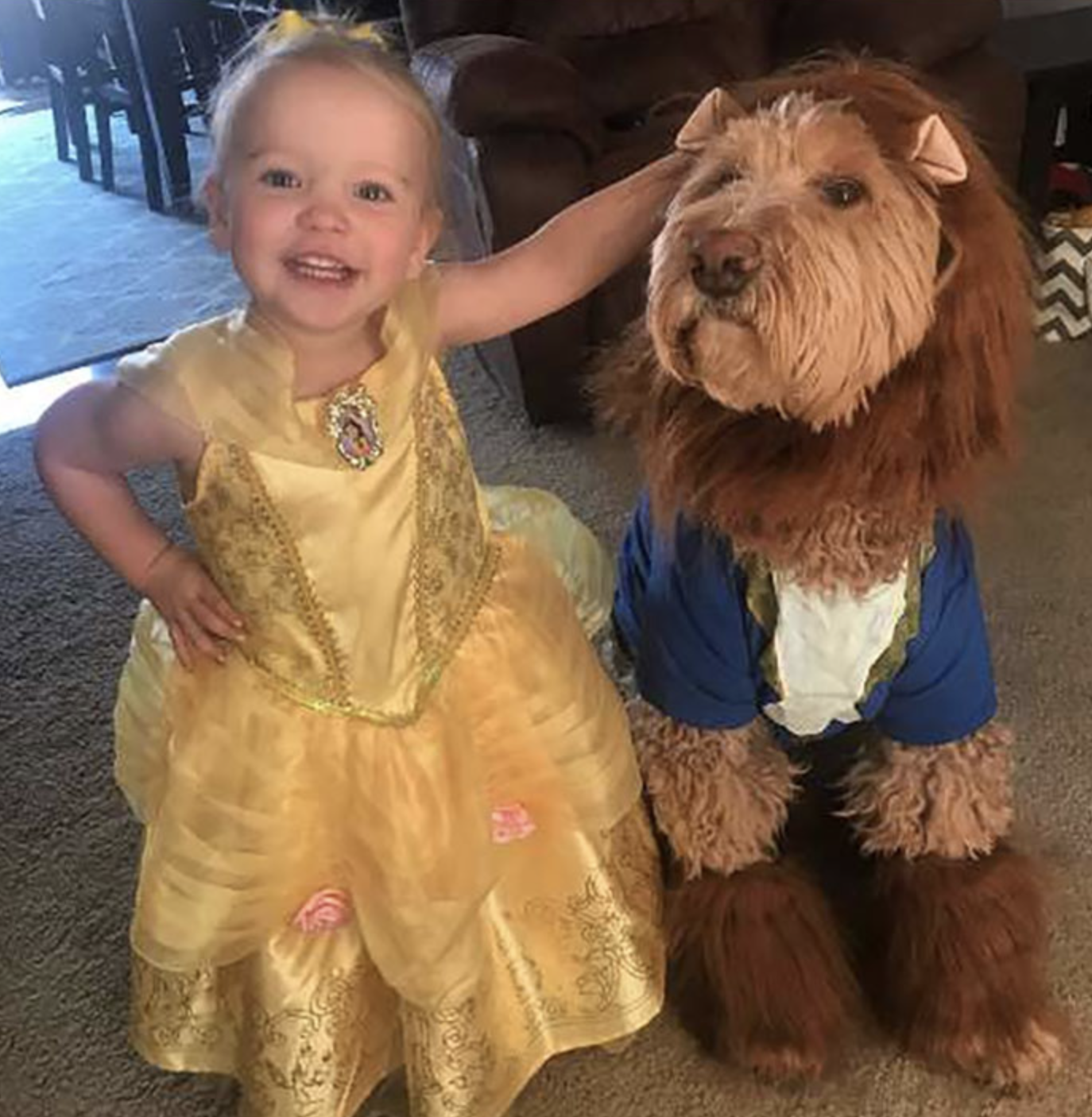 Девочка в образе Бель, а пес – чудовище.
