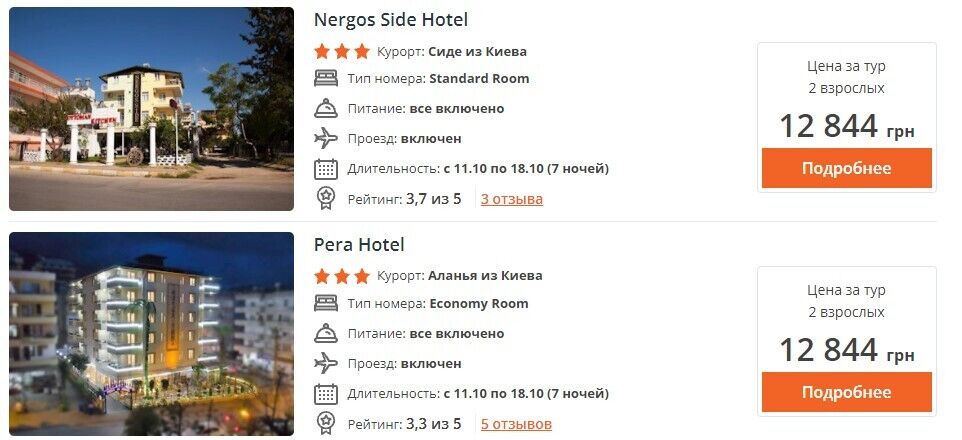 Цены на отдых в трехзвездочных отелях Турции.