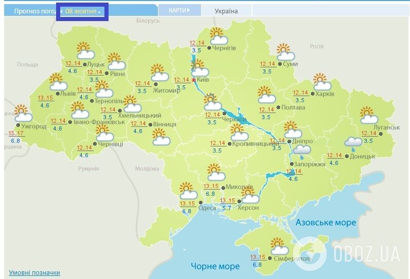 Прогноз погоды на 8 октября по данным Укргидрометцентра.