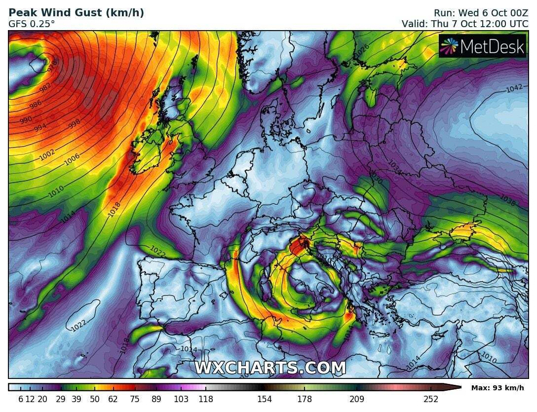 Карта относительно штормового ветра