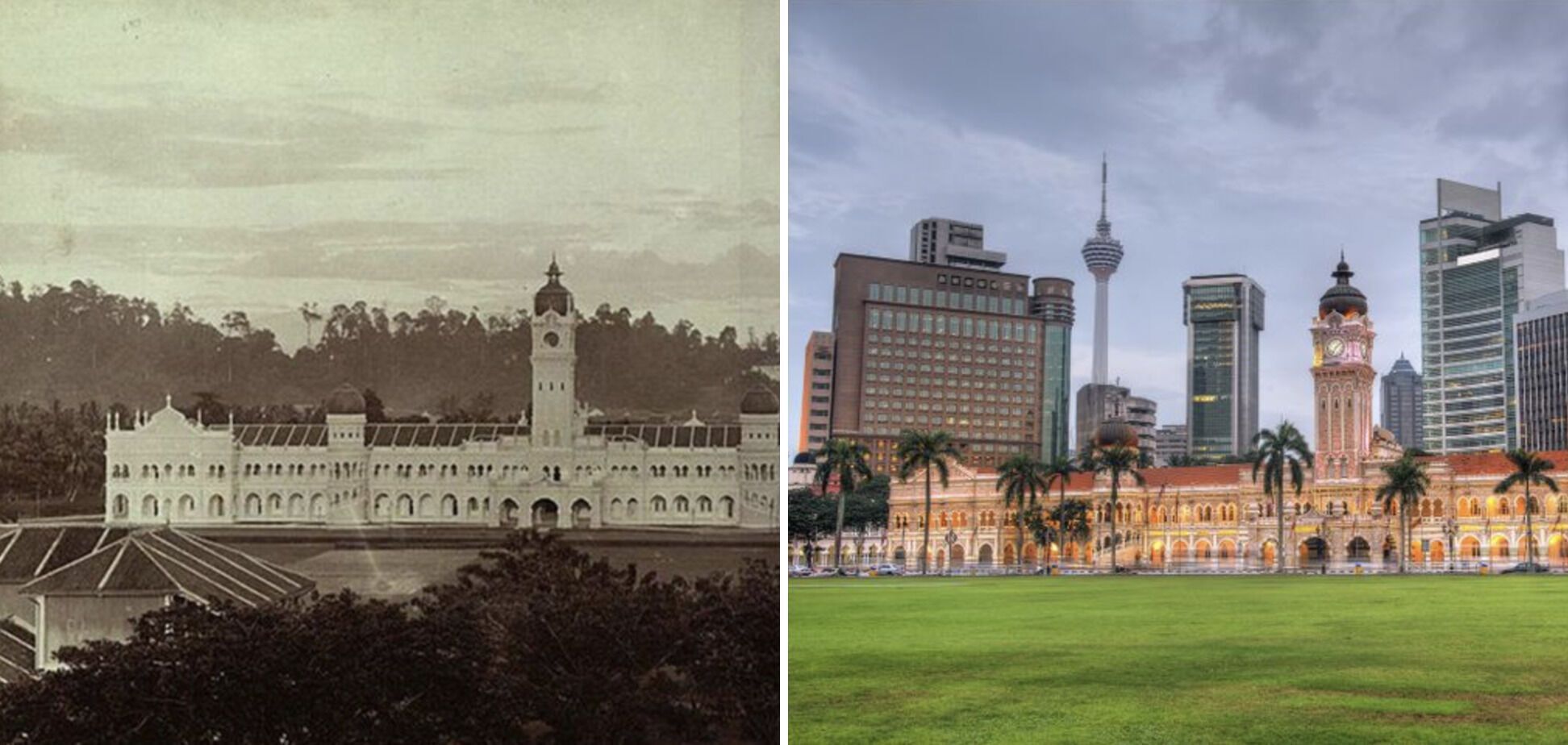 Здание султана Абдул-Самада в Куала-Лумпуре в 1900-х и сейчас.