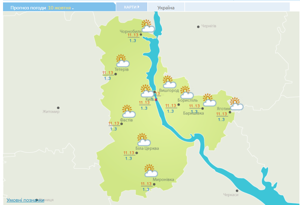Прогноз погоды в Киеве и области на 10 октября